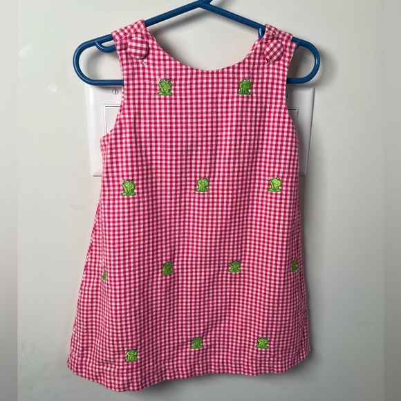 Rare Editions Pink & White Checkered Dress with Embroidered Cartoon Frogs 2T - Picture 1 of 6